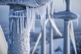 Close up of wind mill turbine covered in ice in winter. KI generiert, generiert, AI generated