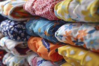 Close up of stacks of eco friendly cotton diapers. KI generiert, generiert, AI generated