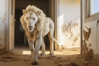 Male Lion in an abandoned house in a desert ghost town, Africa, AI generated