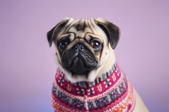 Pug dog with winter sweater on violet background. KI generiert, generiert AI generated