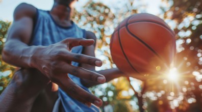 Young black man playing basketball on a court., AI generated