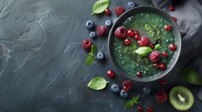 Flat lay view of acai bowl smoothie and Spirulina algae with berries. Healthy diet, AI generated