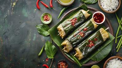 Traditional mexican cuisine food. Tamale with banana leaves. Concept of a healthy diet, AI