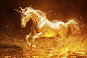 Mythical golden unicorn galloping in golden water, AI generated