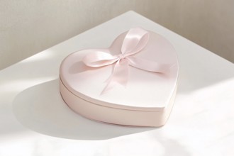 Heart shaped light pink Valentine's Day gift box with ribbon. Generative AI, AI generated