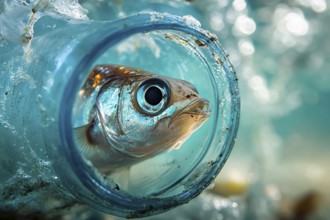 Close up of small fish in plastic bottle waste in ocean or river. Generative AI, AI generated