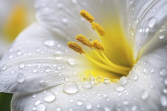 Close up of stigma inside white Daffodil or Narcissus flower with water drops. Generative AI, AI