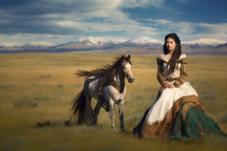 Beautiful young Mongolian woman with black hair floating in the wind standing in front of a horse