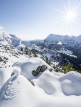 Snow-covered summit of the Jenner in autumn, view of mountain panorama with Hagengebirge,