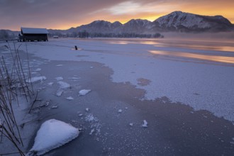 Mountains reflected in lake, dawn, fog, winter, snow, icy, Lake Kochel, Alpine foothills, Bavaria,