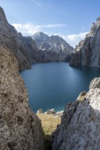 Mountain lake Kol Suu rocky steep mountains, Kol Suu Lake, Sary Beles Mountains, Naryn Province,