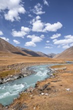 Burkhan valley with blue river, mountain landscape with golden meadows, Terskey Ala-Too, Tien Shan,