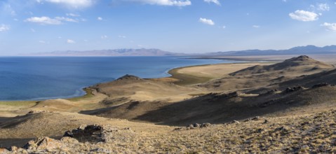 Mountain landscape with Lake Song Kul, Naryn region, Kyrgyzstan, Asia