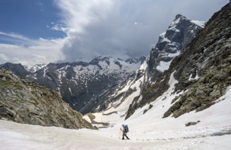 Female mountaineer hiking in a snowfield, Nördliche Mörchnerscharte, behind mountain peak Greizer