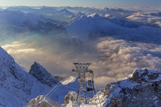 Mountain peak above high fog, cable car, evening light, winter, view from Zugspitze to Ehrwalder