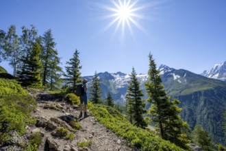 Mountain panorama on hiking trail, Mountain panorama with glaciated mountain peaks, Hike to