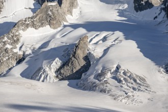 High alpine mountain landscape, summit of Aiguille de Chardonnet and Glacier du Tour, detail of the