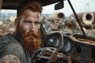 A red-haired man with a full beard, a scrap dealer in work clothes sits behind the wheel of his