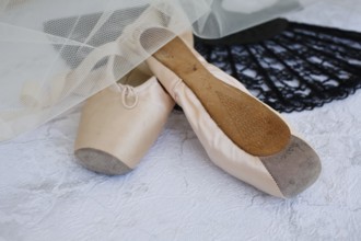 Ballet shoes, pointe shoes, fan, lace, tulle, still life, dance shoes covered with satin in light