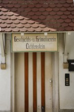 Handwritten sign, writing, Lichtenstein History and Local History Society, entrance, front door,