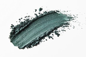 Dark green eyeshadow makeup sample swatch on white background. Generative AI, AI generated