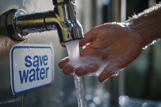 Cupped hands catching water from water tab with sign 'Save water'. Generative AI, AI generated