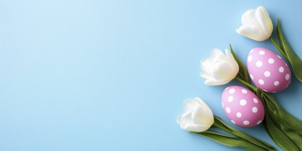 Pink Easter eggs with golden dots and white tulip flowers on blue background. Generative AI, AI