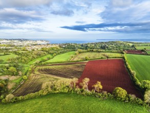 Fields and Farms over Torquay from a drone, Devon, England, United Kingdom, Europe