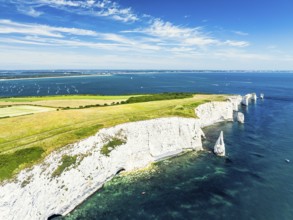 White Cliffs of Old Harry Rocks Jurassic Coast from a drone, Dorset Coast, Poole, England, United