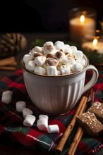 A close-up of a steaming cup of hot cocoa topped with marshmallows, surrounded by cinnamon sticks,