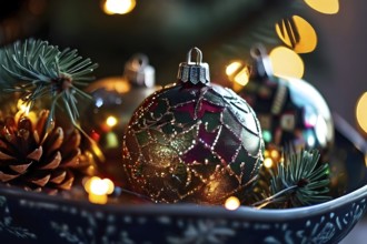 Christmas tree ornaments in a bowl, featuring a mix of glass baubles, pine cones, and fairy lights,