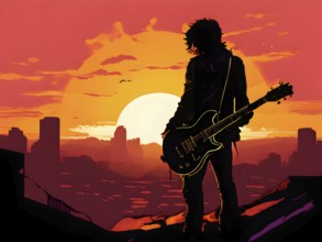 Illustration of a rock star silhouette clutching guitar against abstract urban skyline morphing