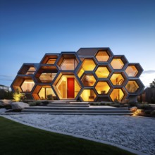 Modern residential house inspired by honeycomb hexagonal patterns, AI generated