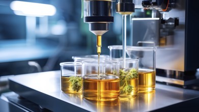 Machine dispensing medical cannabis oil in a laboratory, AI generated