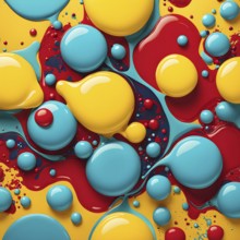 Abstract image with vibrant blue and red blobs and liquid shapes on a yellow background, AI