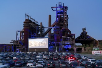 Drive-in cinema Dortmund, against the backdrop of the former blast furnace plant Phönix-West in