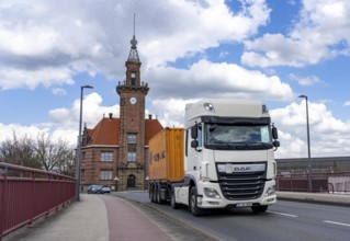 Dortmund harbour, trucks, trucks in front of the old harbour office, North Rhine-Westphalia,