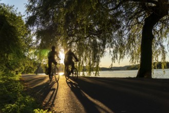 Cycling on Lake Baldeney, around 14 kilometres around the Ruhr reservoir, summer evening on the