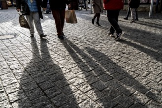 Pedestrians in a pedestrian zone, winter, long shadows, Dortmund, North Rhine-Westphalia, Germany,