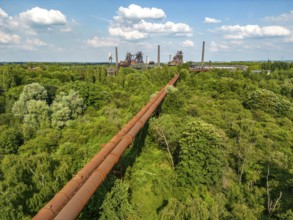 The Duisburg Nord Landscape Park, double blast furnace gas pipeline from the west View across the