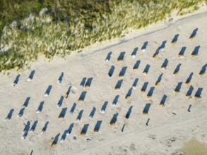 Aerial view, drone photo beach chairs and sandy beach at the Baltic Sea, Baltic resort Karlshagen,