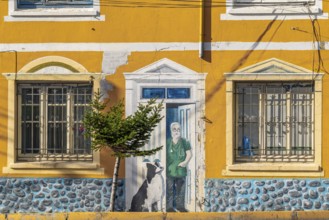 Facade art with optical illusion shows a man with a dog in his front door, city of Punta Arenas,