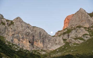 Moon behind rocky peaks at sunrise, alpenglow, Carnic High Trail, Carnic Main Ridge, Carnic Alps,