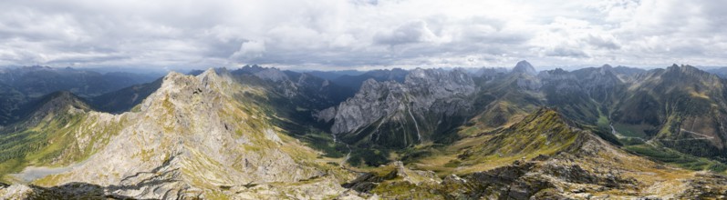 Aerial view, Alpine panorama, Raudenspitze and Carnic High Trail, Carnic Main Ridge, Carnic Alps,