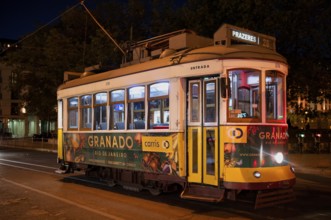 Night shot, tram, tramway, line 28, Lisbon, Portugal, Europe