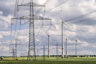 Wind farm north-east of Marsberg, Hochsauerlandkreis, high-voltage line, electricity pylons, North