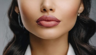 Close-up of intense lips with dark lipstick and dark hair, AI generated, AI generated