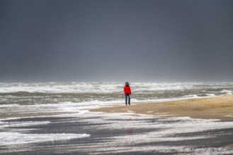 Walkers on the beach, dark storm clouds, choppy sea, autumn on the North Sea in North Holland,