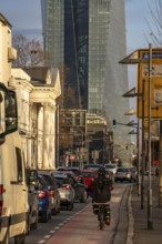 Inner city traffic, street Schöne Aussicht, with cycle lane, the building of the European Central