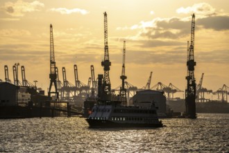 Port of Hamburg, view of the Blohm + Voss shipyard, evening, cranes of the container terminals,